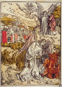 Angel with the Key of the Abyss (colour woodcut) by Albrecht Dürer